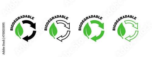 Biodegradable icons set. Recycle signs. Icons of reusable plastic bio packaging. Vector icons photo