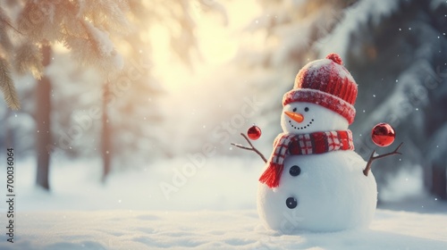 Snowman in winter forest. Christmas and New Year holidays background. © panu101