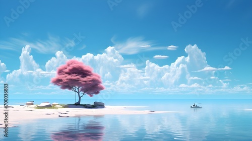 Tranquil Scene of a Tropical Tree Against a Blue Sky and Ocean generative ai