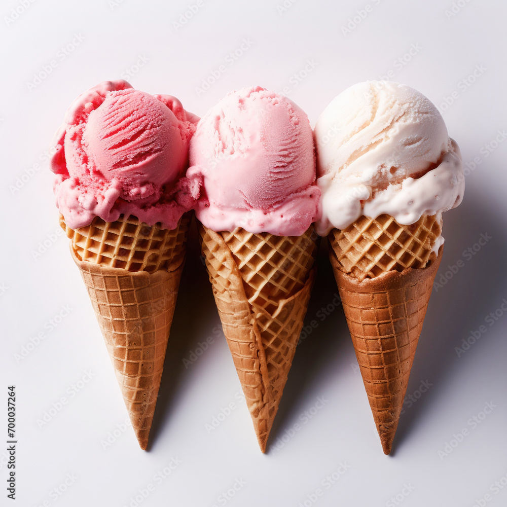 Ice cream scoop ball on white background, top view, Many assorted different flavour Ice cream scoop ball on white background, top view, Many assorted different flavour