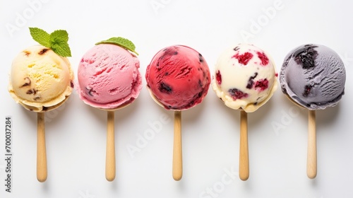 Ice cream scoop ball on white background, top view, Many assorted different flavour photo