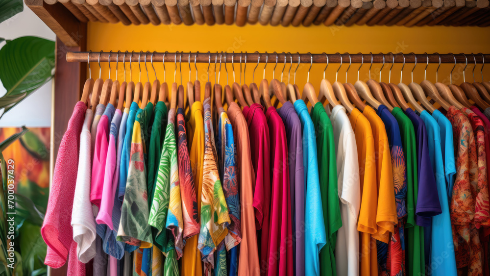 Wardrobe Diversity: Garments Hanging on Hangers of Many Colors