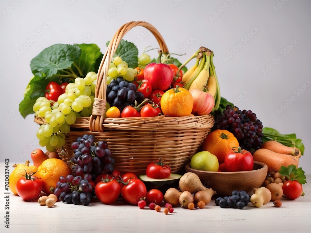 Assorted organic vegetables and fruits in wicker basket on the white background Assorted organic vegetables and fruits in wicker basket on the white background
