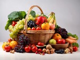 Assorted organic vegetables and fruits in wicker basket on the white background