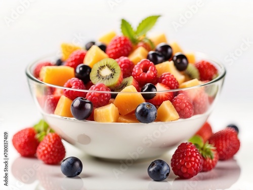 Healthy fresh fruit salad in a white bowl on the white background