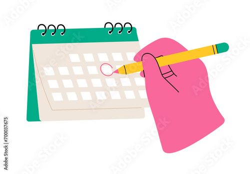 Hand with pencil and calendar. Date circled. Deadline, event, important date. Colorful vector illustration