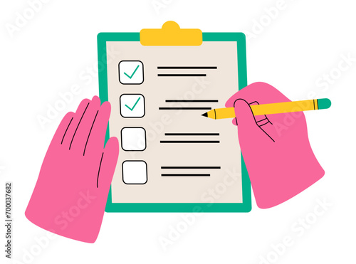 Hand writing something with a pencil on a checklist note paper. Colorful vector illustration