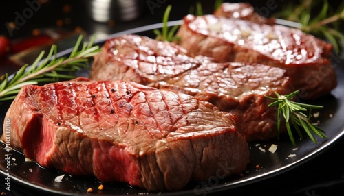 Close up of succulent, juicy ribeye steak slices, exuding mouthwatering tenderness and rich flavor