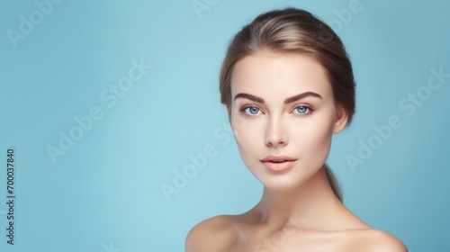 Portrait of a beautiful young woman with clean, fresh skin on a blue background. Skin care beauty, skin care cosmetics