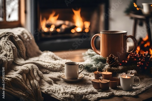 A cozy living room with mug on the table in winter with fireplace in room