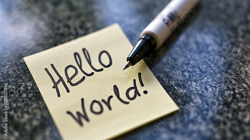 "Hello World! " Written on note. 
