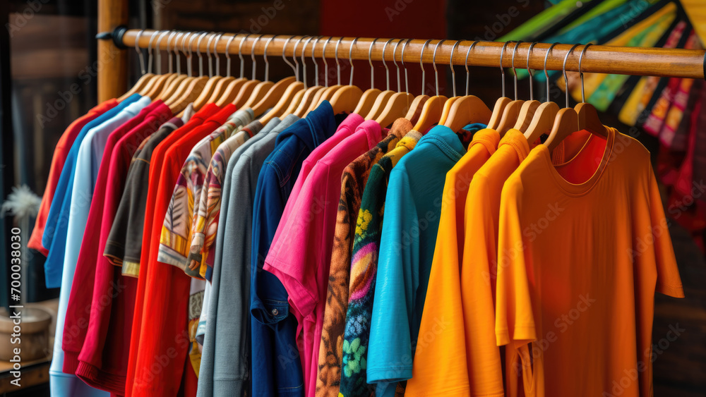Fashion Spectrum: Array of Attire on Hangers in Different Hues