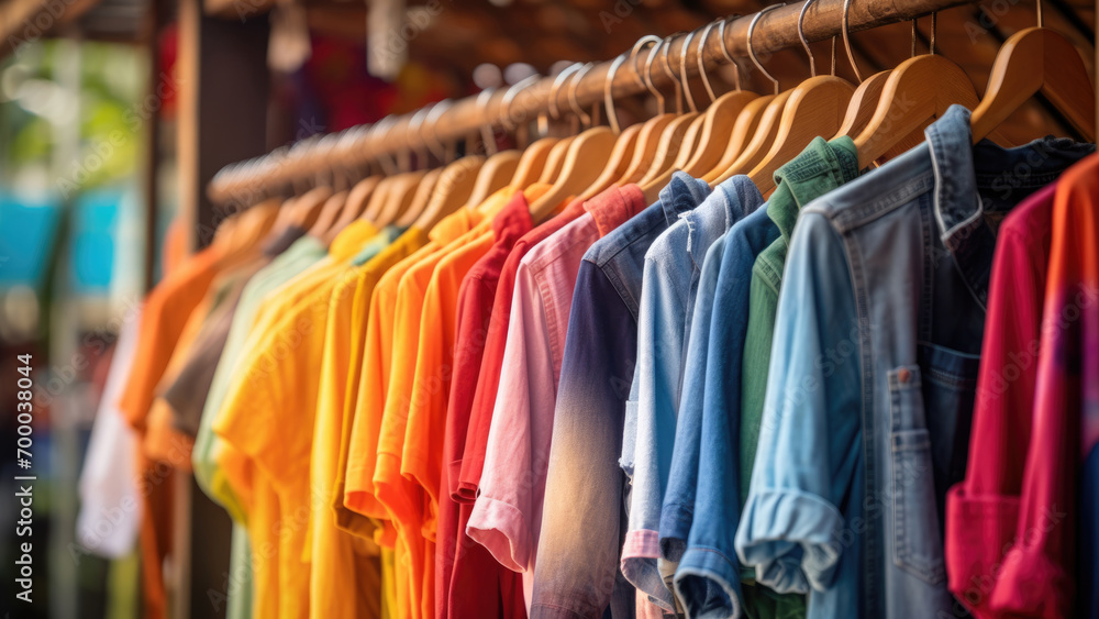 Closet Kaleidoscope: Assorted Garments on Hangers of Various Colors