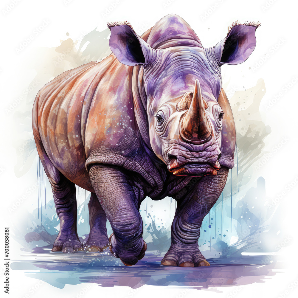 Fototapeta premium Watercolor Colorful Rhinoceros Illustration, Generative Ai