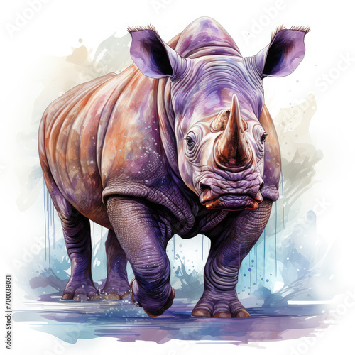 Watercolor Colorful Rhinoceros Illustration, Generative Ai © Shopna Art