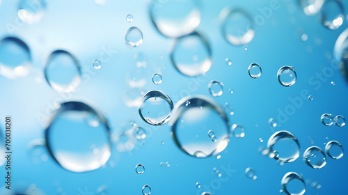 Macro water drops in blue clear drinking water  panorama banner. Bubbles in water on blue background  Blue water drops are falling on the background. Close up water drops  Generative Ai.