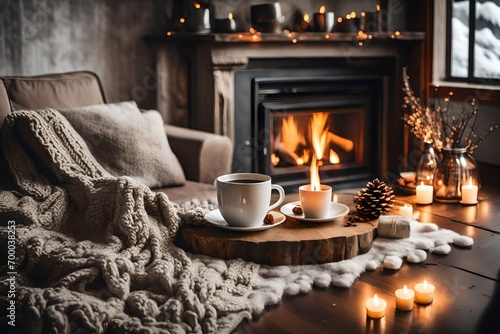 A cozy living room with  mug on the table in winter with fireplace in room