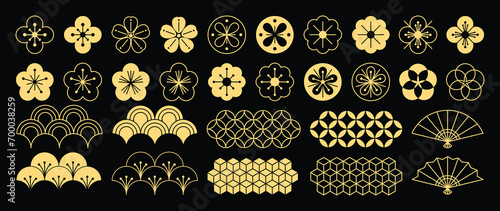 Chinese New Year Icons vector set. Cherry blossom flower, wave, chinese pattern, fan isolated icons of Asian Lunar New Year holiday decoration vector. Oriental culture tradition illustration.