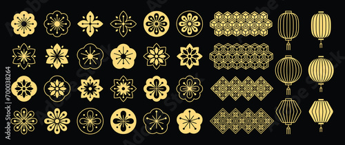 Chinese New Year Icons vector set. Cherry blossom flower, lantern, chinese pattern isolated icons of Asian Lunar New Year holiday decoration vector. Oriental culture tradition illustration.