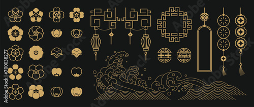 Chinese New Year Icons vector set. Cherry blossom flower, sea wave, hanging lantern isolated icons of Asian Lunar New Year holiday decoration vector. Oriental culture tradition illustration.