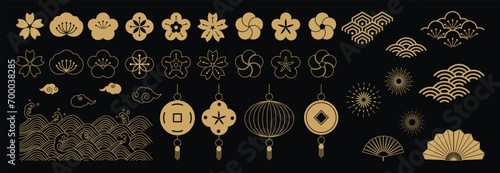 Chinese New Year Icons vector set. Cherry blossom flower, sea wave, hanging lantern, cloud isolated icons of Asian Lunar New Year holiday decoration vector. Oriental culture tradition illustration.