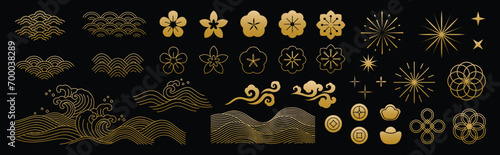 Chinese New Year Icons vector set. Cherry blossom flower, sea wave, hanging lantern, cloud isolated icons of Asian Lunar New Year holiday decoration vector. Oriental culture tradition illustration.