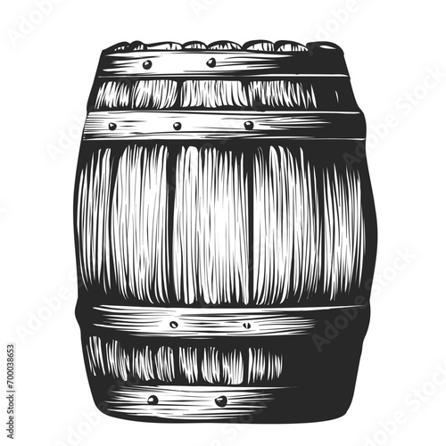 Oak wooden barrel sketch. Hand drawn engraving woodcut style. Rustic Wine, beer, whisky, rum, cognac, bourbon barrel vintage vector illustration isolated on white background.