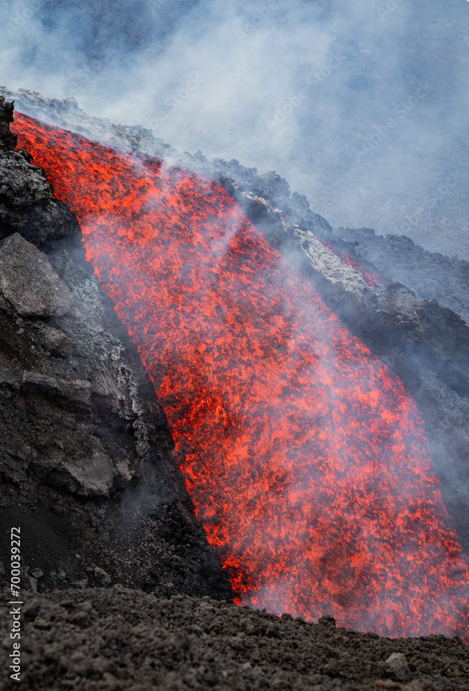 Eruptive vent with lava emis at the top of the Etna volcano