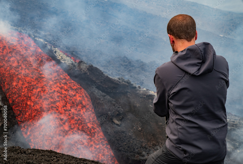 Eruptive vent with lava emis at the top of the Etna volcano