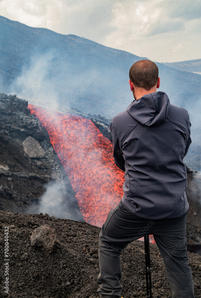 Eruptive vent with lava emis at the top of the Etna volcano