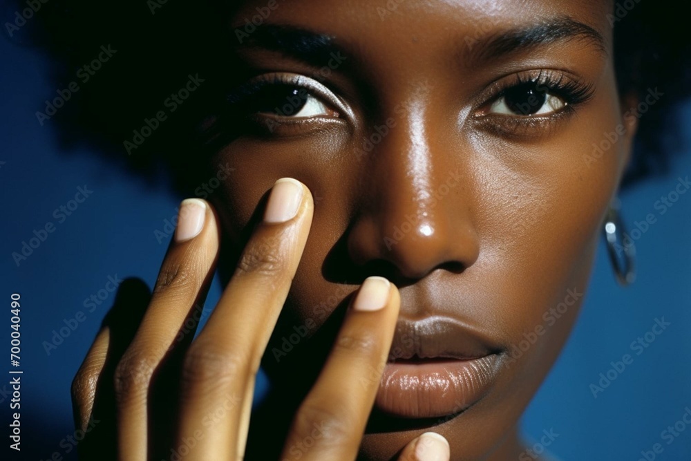 Closeup portrait of African American woman with her hand to her face Closeup portrait of African American woman with her hand to her face