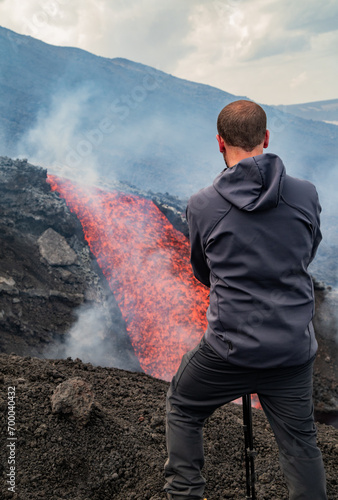 Eruptive vent with lava emis at the top of the Etna volcano