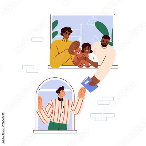 Share book with neighbor. Bookcrossing between neighbours. Neighborhood help, neighbourhood communication concept. Giving literature for reading. Flat vector illustration isolated on white background