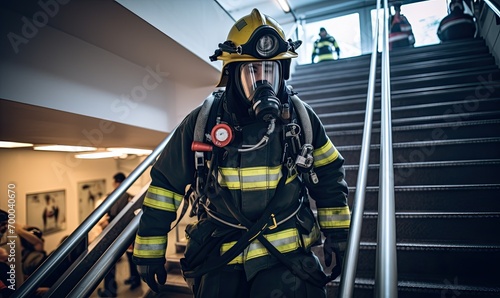 A Brave Firefighter Descending Stairs in Action