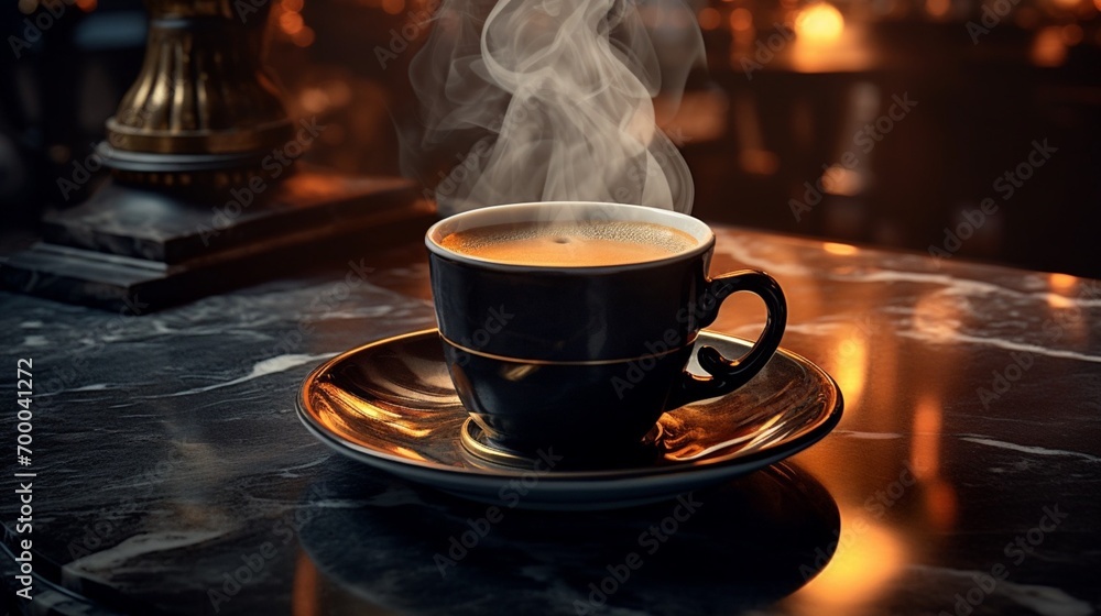 Fototapeta premium Fresh roasted coffee in a mug with steam