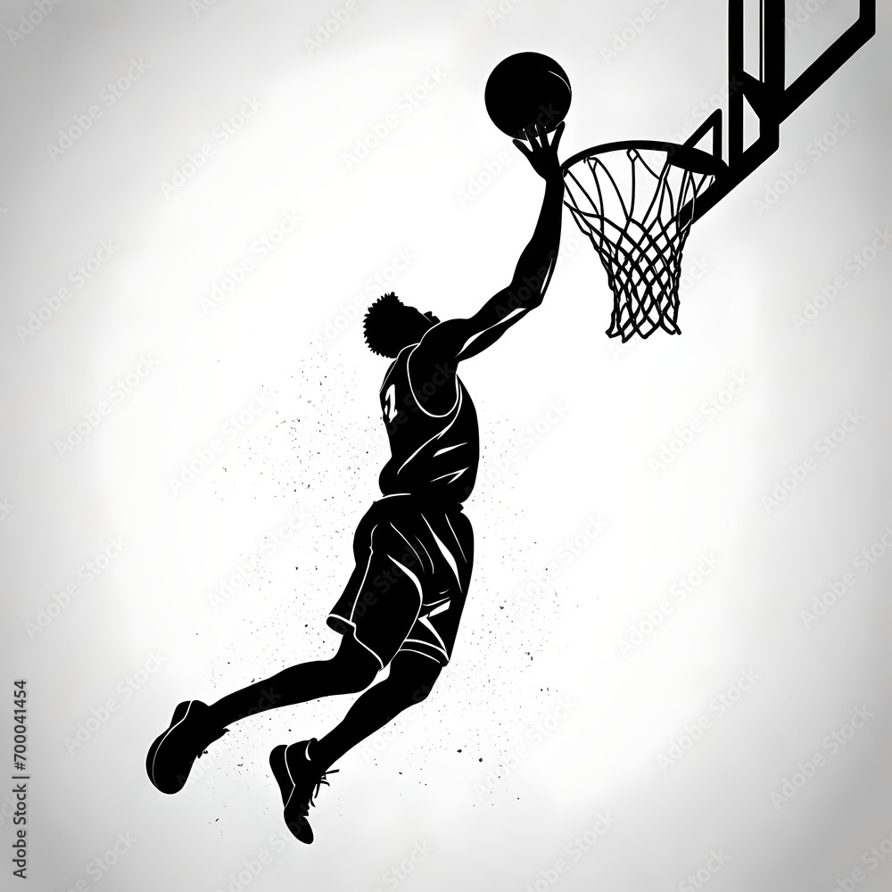 black silhouette of a basketball player slam-dunking a basketball