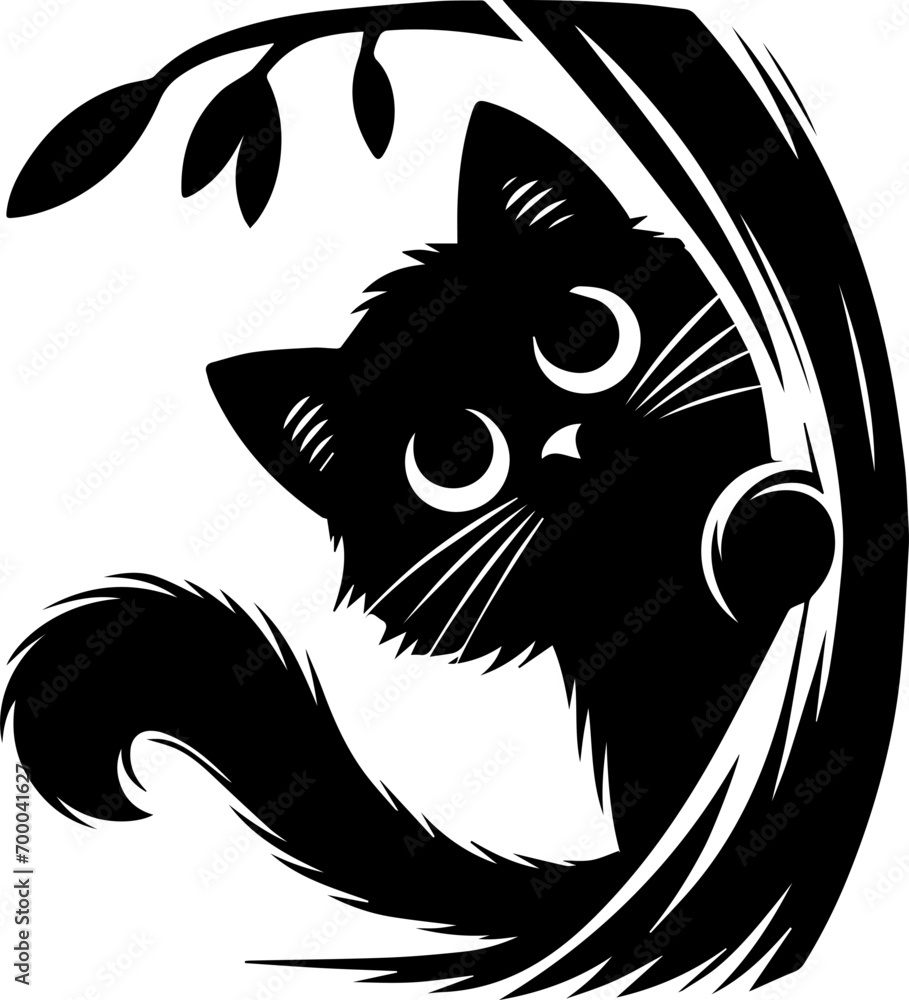 Funny Black Cat Peeking Silhouette, Spy Cat Pet From Corner, Kitty Peeking Silhouette