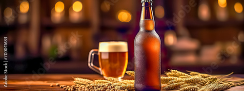 craft beer bottle next to a full mug atop a wooden surface, with wheat ears in the foreground and a softly focused bar background, high-resolution close-up of a condensation-kissed  photo