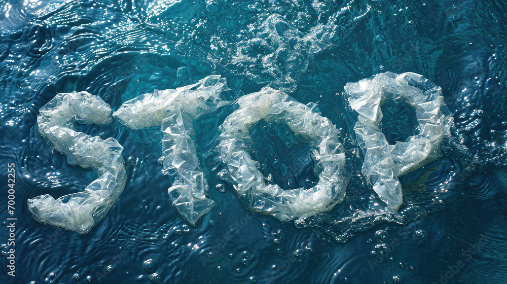 STOP text made of plastic trash on ocean water background. Creative concept of ocean pollution, rejection of plastic, protection of nature from pollution. - obrazy, fototapety, plakaty 