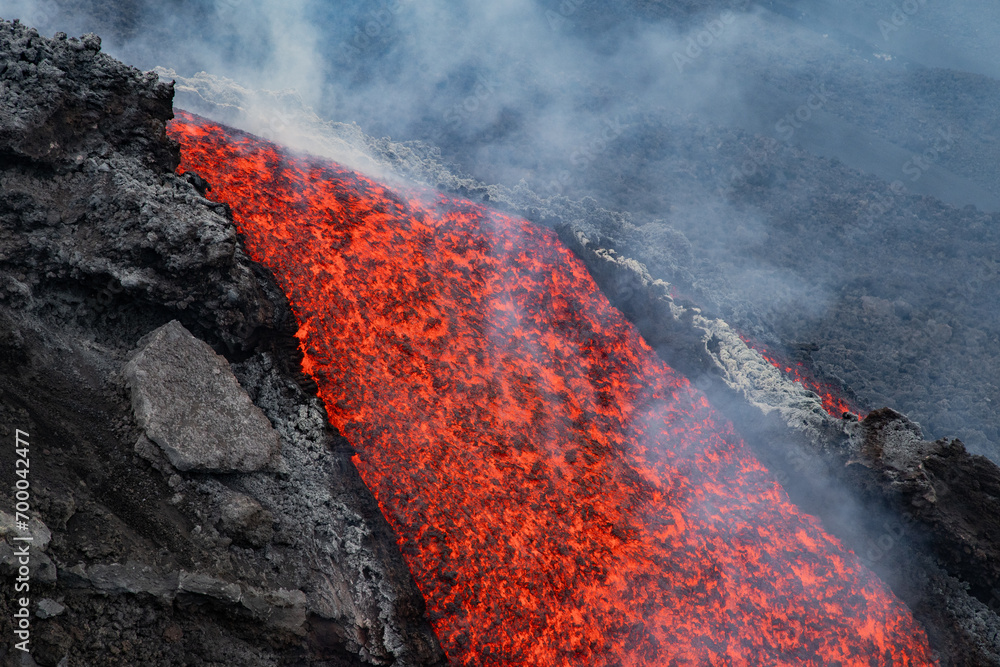 Eruptive vent with lava emis at the top of the Etna volcano