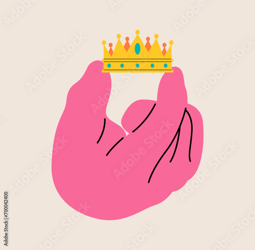 Hand hold a crown. Colorful vector illustration