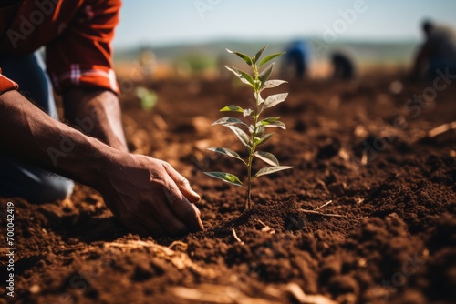 Nurturing gardener planting tree, tending to garden with care and watering plants for growth photo