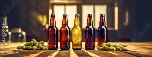 Photographie line of craft beer bottles on a rustic wooden surface, warmly lit by sunlight, w