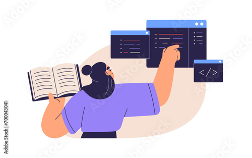Student coding, programming. Studying software engineering, computer language, information technology. Programmers and coders education concept. Flat vector illustration isolated on white background