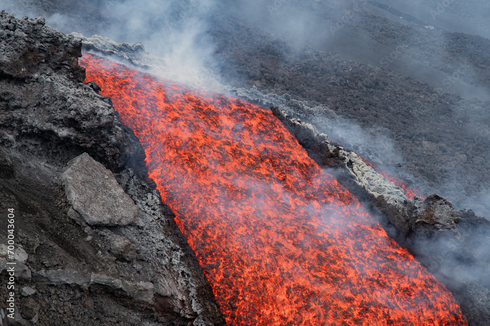Eruptive vent with lava emis at the top of the Etna volcano
