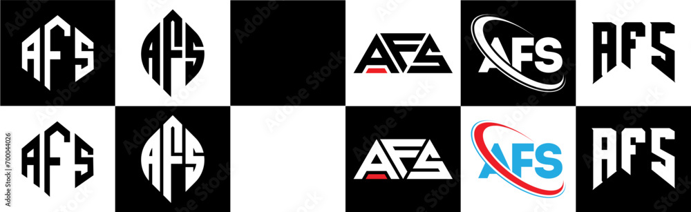 AFS letter logo design in six style. AFS polygon, circle, triangle, hexagon, flat and simple style with black and white color variation letter logo set in one artboard. AFS minimalist and classic logo AFS letter logo design in six style. AFS polygon, circle, triangle, hexagon, flat and simple style with black and white color variation letter logo set in one artboard. AFS minimalist and classic logo
