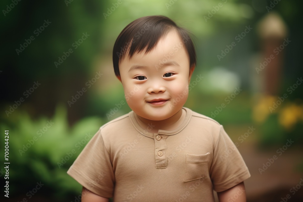 a child asian with down syndrome walks in the park and smiles at the camera a child asian with down syndrome walks in the park and smiles at the camera