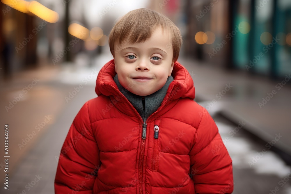 a child with Down syndrome walks through the streets of the city and smiles at the camera a child with Down syndrome walks through the streets of the city and smiles at the camera