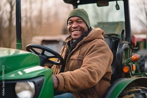Black farmer drives agricultural tractor