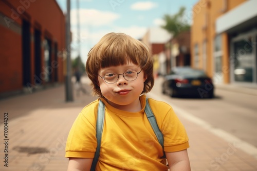 a schoolboy with down syndrome walks through the streets of the city and smiles at the camera